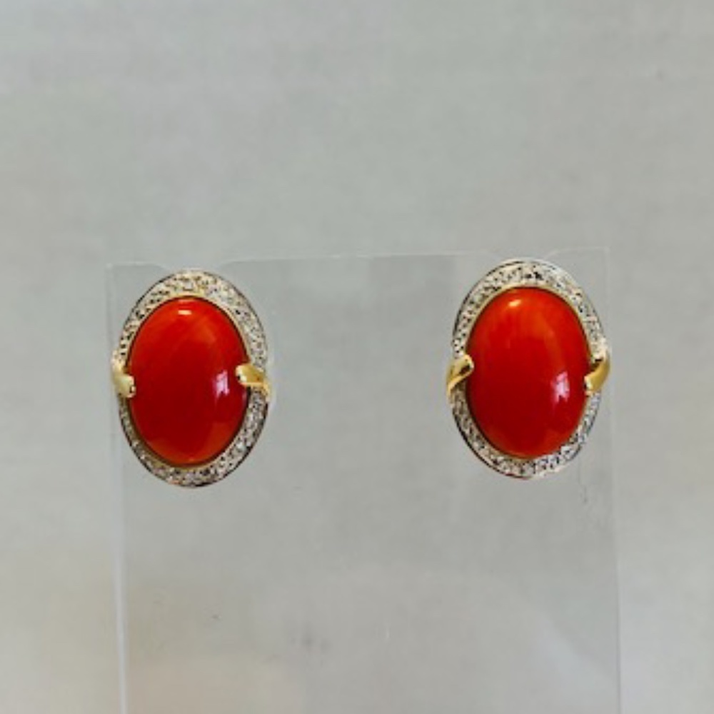 14 kt natural red coral cabochon diamond earrings